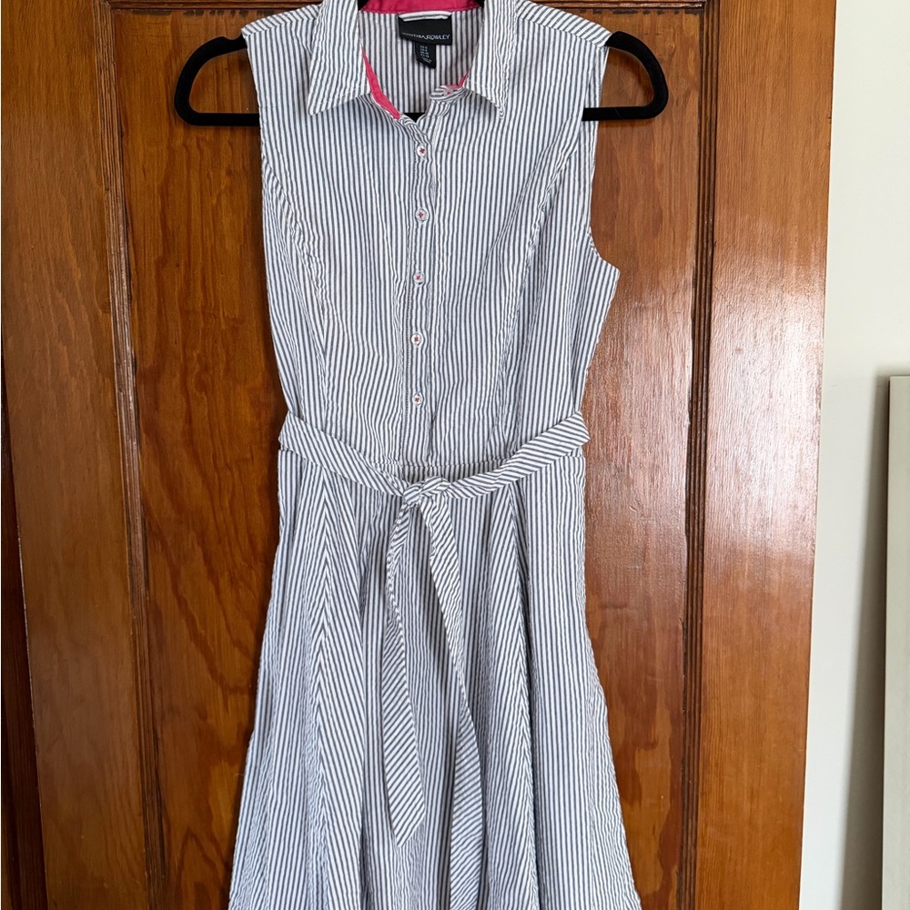 Cynthia Rowley Seersucker Preppy Collared Shirt Dress Navy Pink Trim Size 6